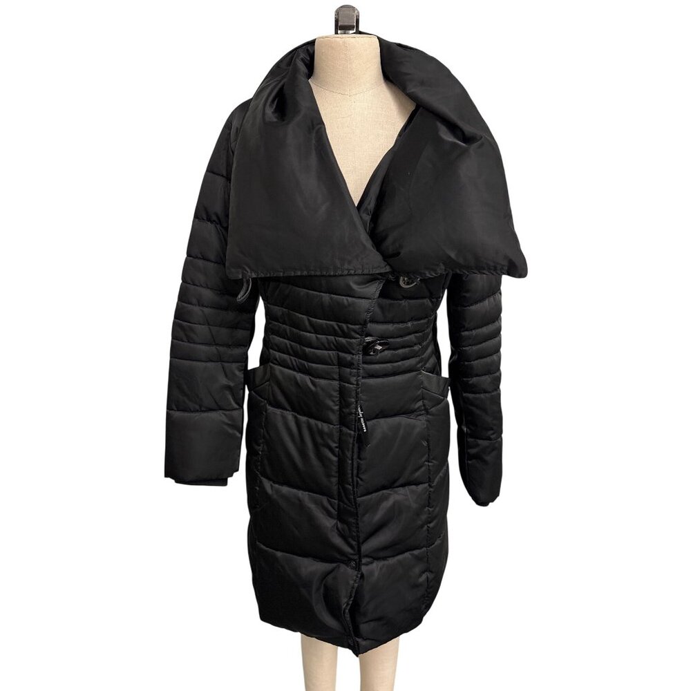 Nanette Lepore Black Quilted Puffer Coat With Oversized Collar and Button Closur
